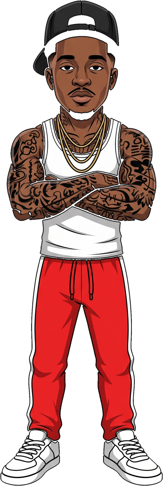 Cartoon of Bold Boy, arms crossed, red track pants and white tank